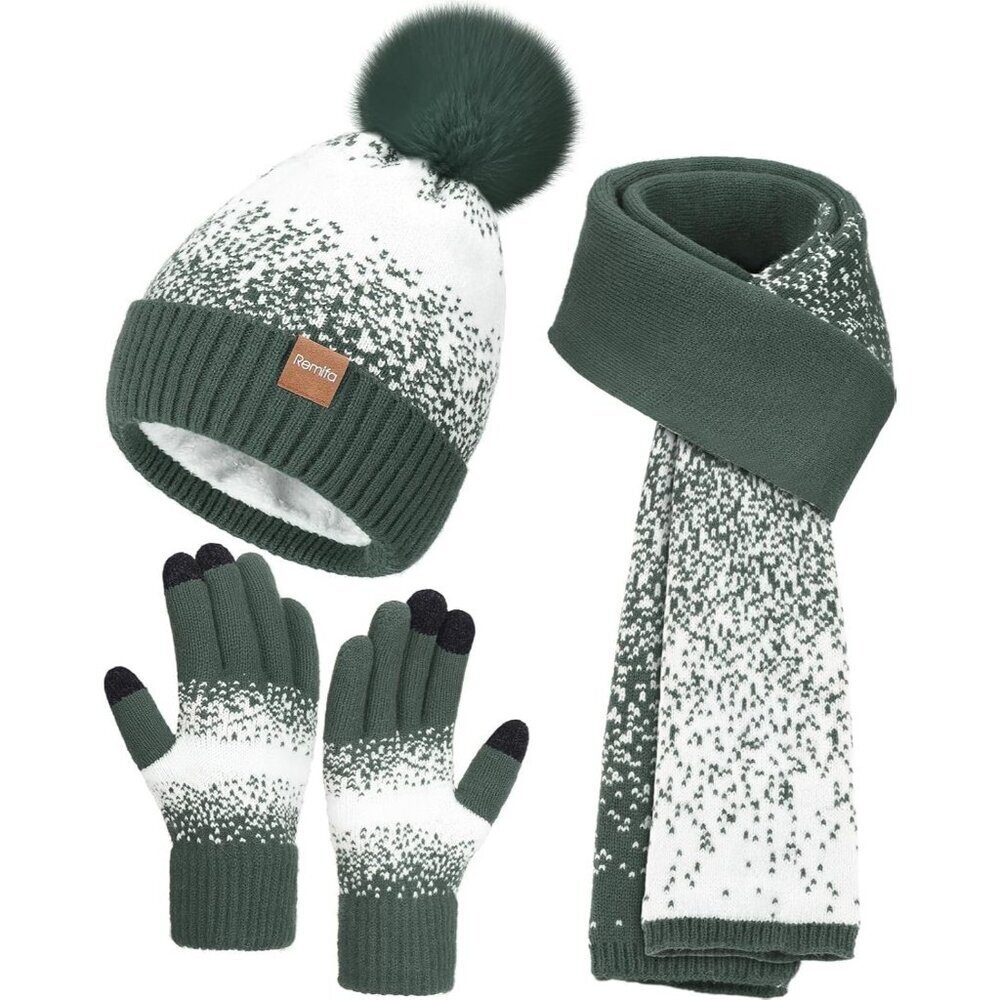 Women's Green White Winter Beanie Hat Scarf Gloves Set Pom Warm Christmas Gift